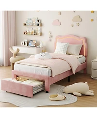 gaomon Twin Upholstered Smart Led Bed Frame with Adjustable Bear Headboard, Storage Drawer, Velvet Princess Platform