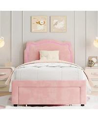 gaomon Twin Upholstered Smart Led Bed Frame with Adjustable Bear Headboard, Storage Drawer, Velvet Princess Platform