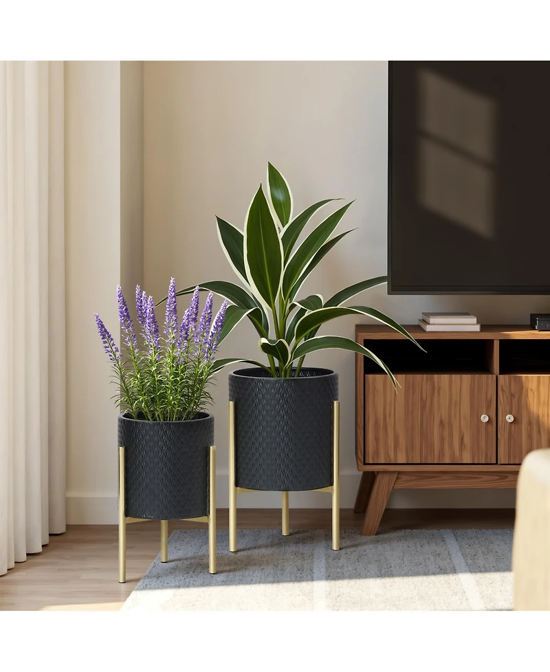 LuxenHome 2-Piece Diamond Pattern Round Metal Cachepot Planter Set