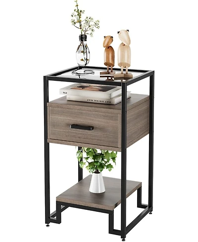 gaomon Nightstand, End Table with Storage Drawer and 3-Tier Storage & Tempered Glass Top, Bedside Furniture with Steel Frame, Easy Assembly