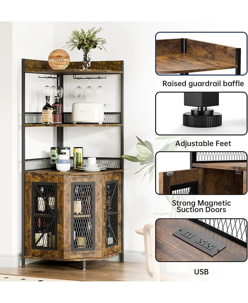 gaomon Corner Bar Cabinet with Led Strip 5-Tiers Industrial Bar Cabinet with Power Outlet & Glass Holder Wine Cabinet for Home Bar Display Cabinet