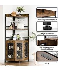 gaomon Corner Bar Cabinet with Led Strip 5-Tiers Industrial Bar Cabinet with Power Outlet & Glass Holder Wine Cabinet for Home Bar Display Cabinet