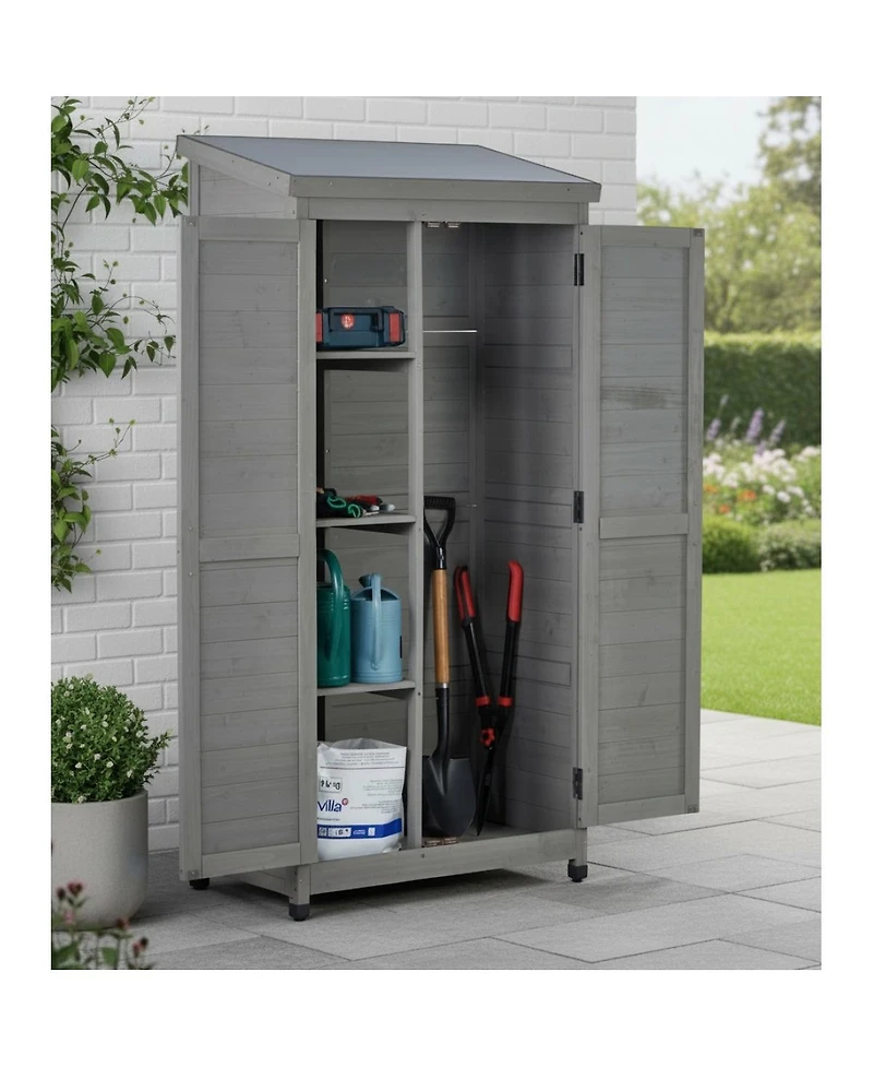 Streamdale FurnitureOutdoor Wooden Storage Shed with Metal Top Tall Vertical Tool Cabinet