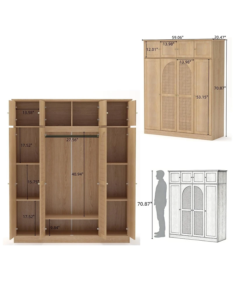 Streamdale Furniture 8-Door Rattan Wardrobe with Flexible Storage