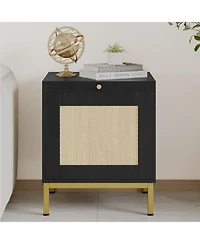 gaomon Rattan Night Stand, Modern Farmhouse Pattern Side Table, End Table with Tray, Sofa Table with Storage Shelf for Bedroom, Living Room