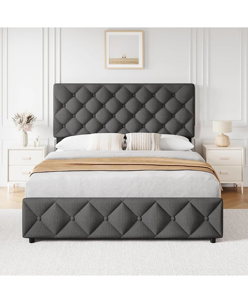 Gaomon Queen Bed Frame with 4 Storage Drawers, Linen Upholstered Platform Adjustable Headboard