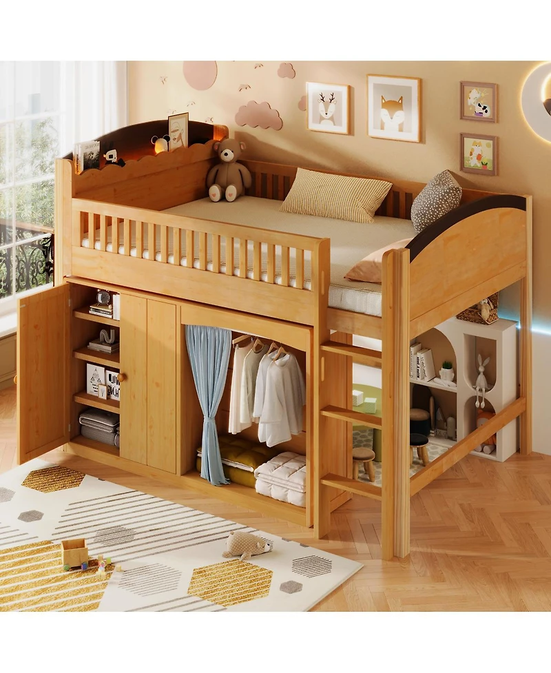 Streamdale Furniture Loft Bed with Storage Cabinet, Wardrobe & Led Wood Espresso