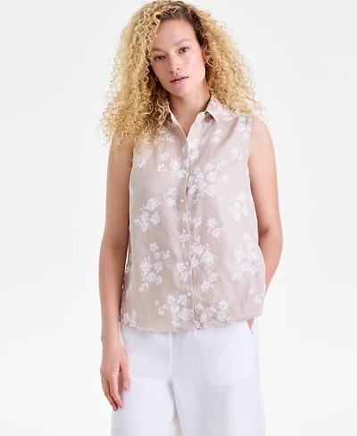 Charter Club Women's 100% Linen Sleeveless Button-Front Shirt, Exclusively at Macy's
