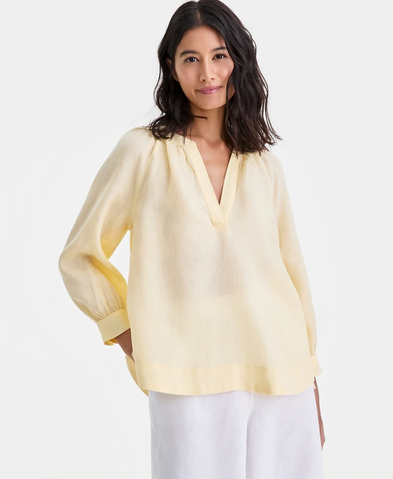 Charter Club Women's 100% Linen Split-Neck 3/4-Sleeve Blouse, Macy's Exclusive