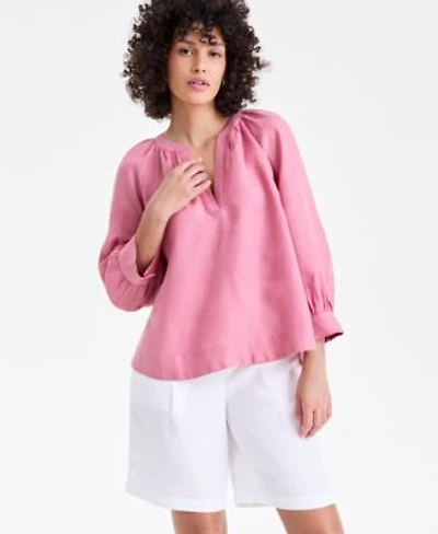Charter Club Womens 100 Linen Split Neck 3 4 Sleeve Blouse Macys Exclusive