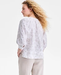 Charter Club Women's 100% Linen Embroidered Popover Blouse, Macy's Exclusive