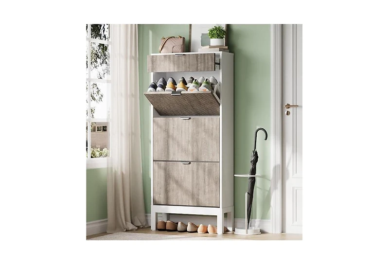 gaomon Entryway Freestanding Shoe Cabinet, 3 Flip Fluted Doors + 1 Drawer Shoe Organizer