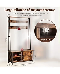 Rainsken Hall Tree with Bench and Shoe Storage, Industrial Style Coat Rack with 6 Hooks, Wood Look for Entryway, Hallway and Living Room