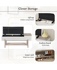 Rainsken Entryway Shoe Bench with Cushion Top, Flip-Top Storage Compartment and Lower Rack for Hallway