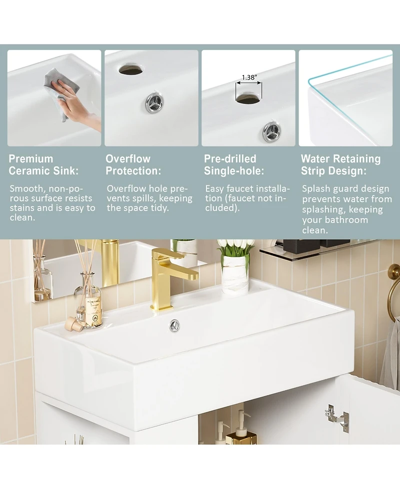 Rainsken 21.6" Small Bathroom Cabinet with Sink, Freestanding Bathroom Vanity with Left Storage Cabinet & Two-Tier Shelf