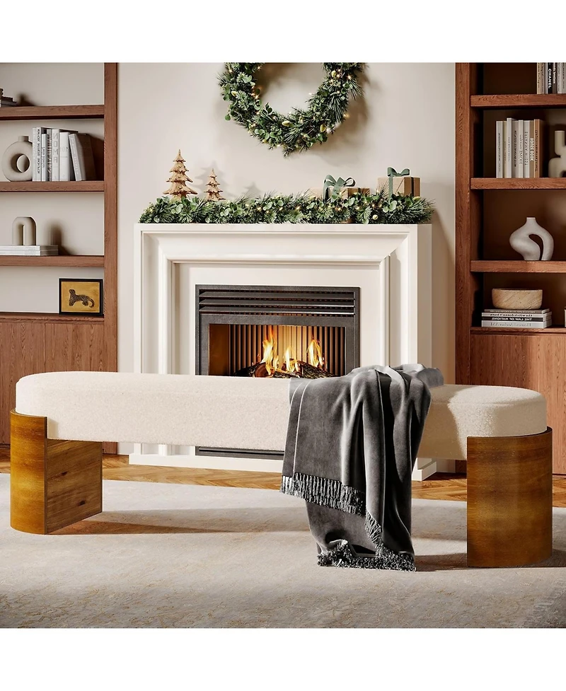 Tribesigns 59" Upholstered End of Bed Bench, Modern Entryway Bench with Engineered Wood Frame, Oval Ottoman with Faux Lambswool Fabric