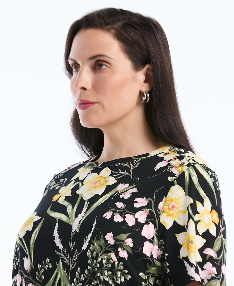 Rafaella Plus Garden Print Button Detail Short-Sleeve Top