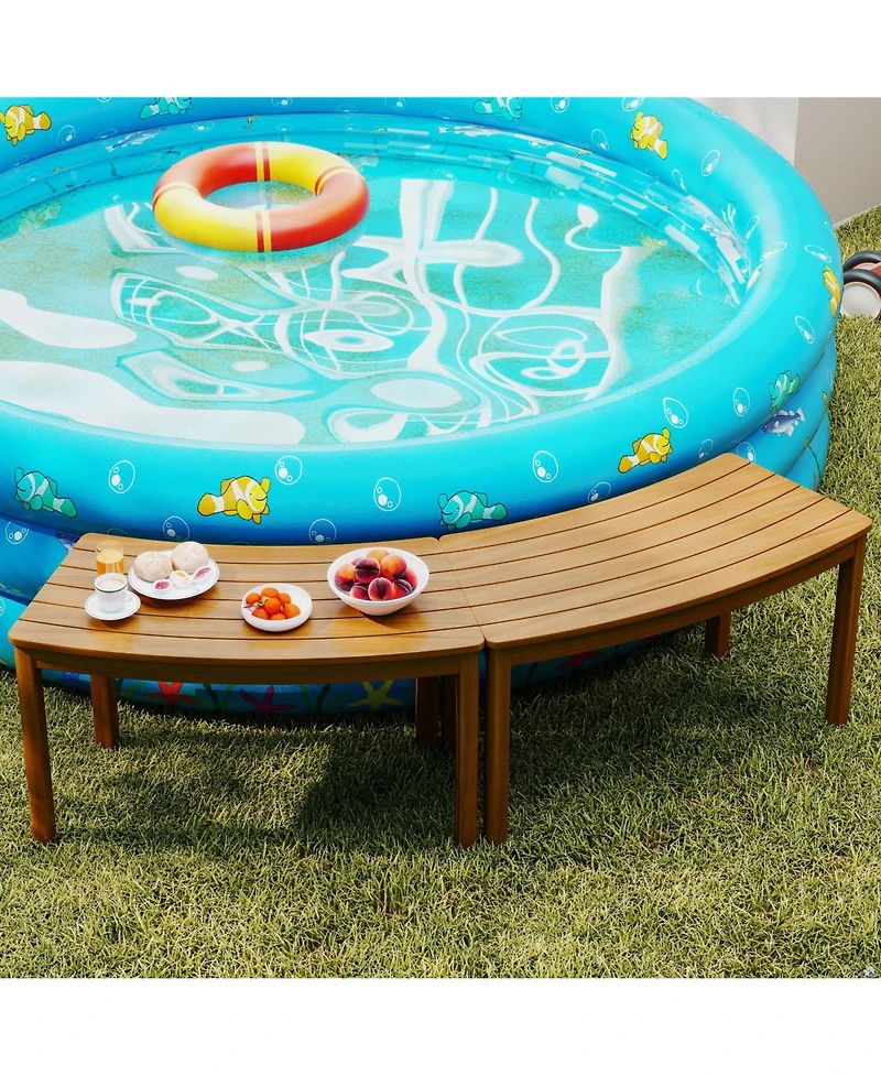 Gymax Outdoor Curved Acacia Wood Bench Set of Patio Garden Backless Fire Pit Bench