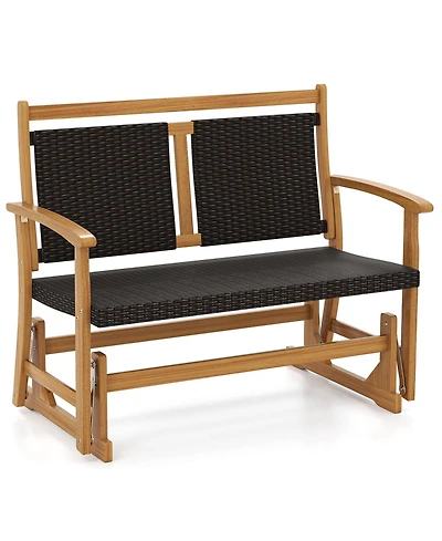Gymax Patio Rattan Glider Bench Swing Gliding Rocker for 2 w/ Acacia Wood Frame