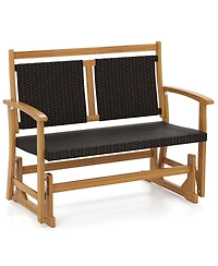 Gymax Patio Rattan Glider Bench Swing Gliding Rocker for 2 w/ Acacia Wood Frame