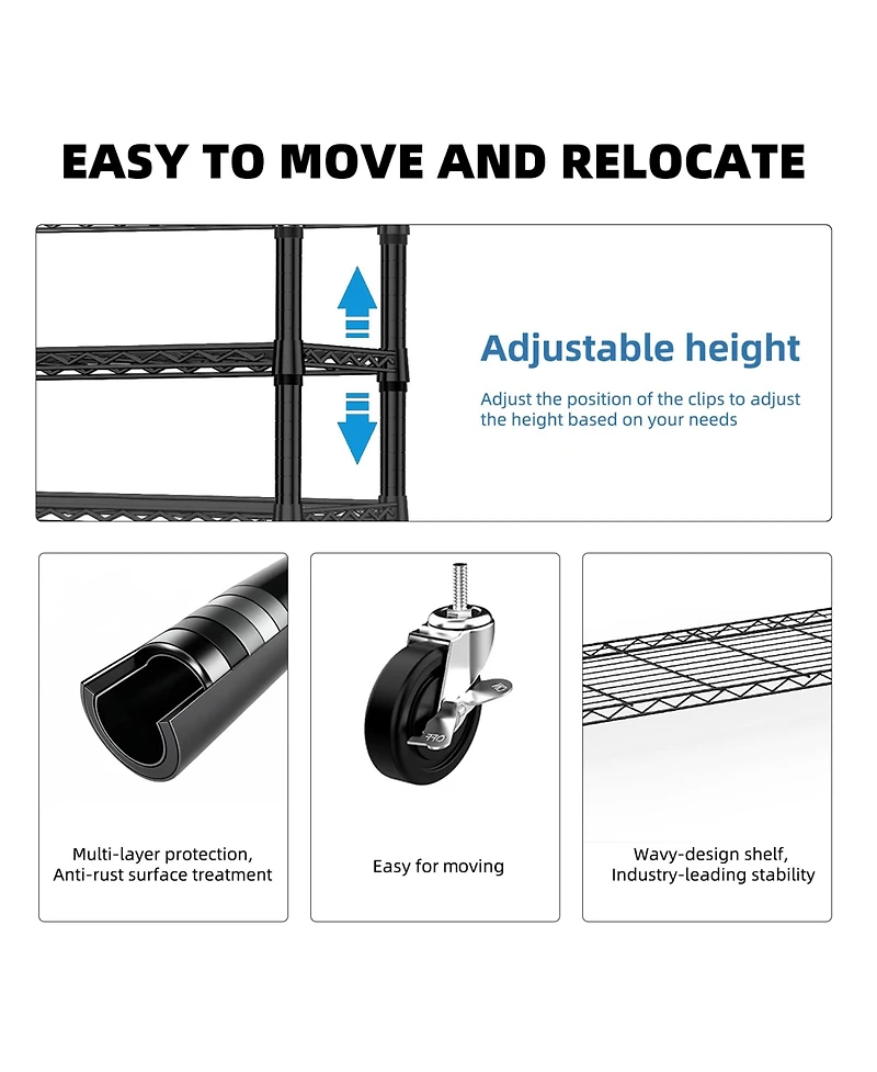 Rainsken Heavy Duty Garment Rack on Wheels, 3 Tiers Adjustable Wire Shelving, Clothes Rack with 1 Rods and Side Hooks for Bedroom and Wardrobe