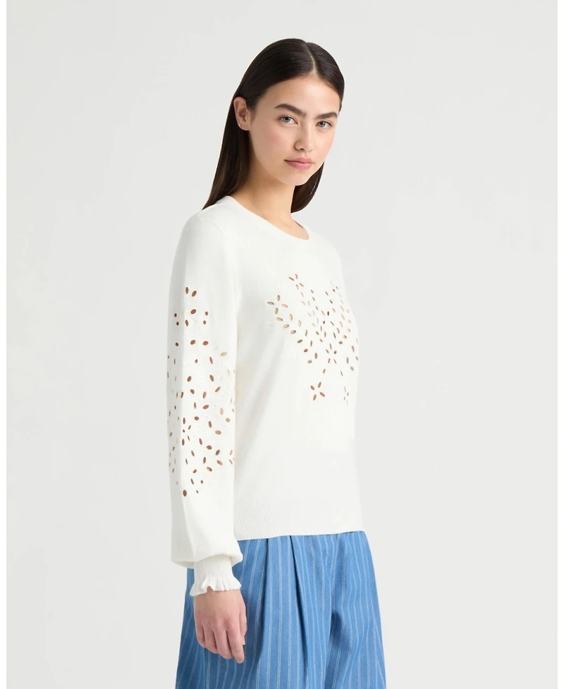 Nvlt Women's Long Sleeve Eyelet Crew Neck Sweater