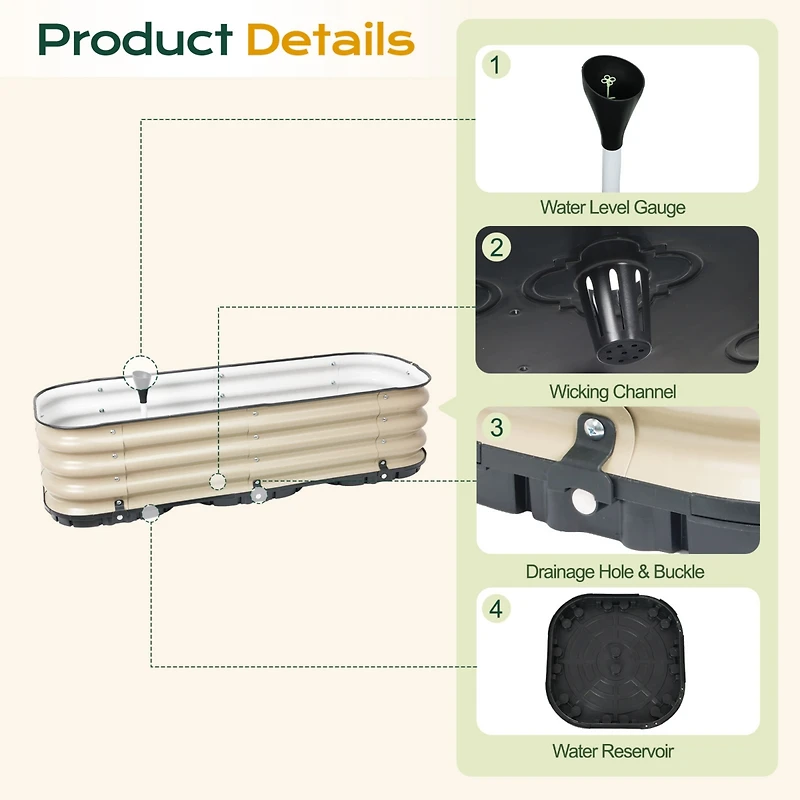Aoodor Galvanized Raised Garden Bed, Self-Watering Planter Box with Drainage Plug and Water Reservoir