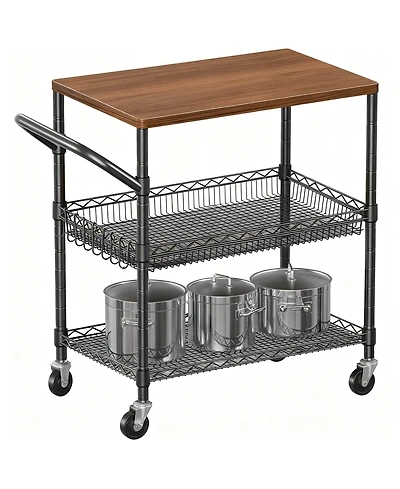 Yigii Kitchen Cart with Wood Top, 8 Hooks, Adjustable Shelves, & 4 Lockable Wheels