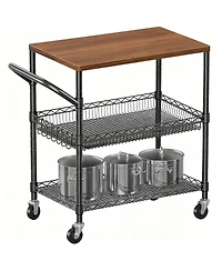 Yigii Kitchen Cart with Wood Top, 8 Hooks, Adjustable Shelves, & 4 Lockable Wheels
