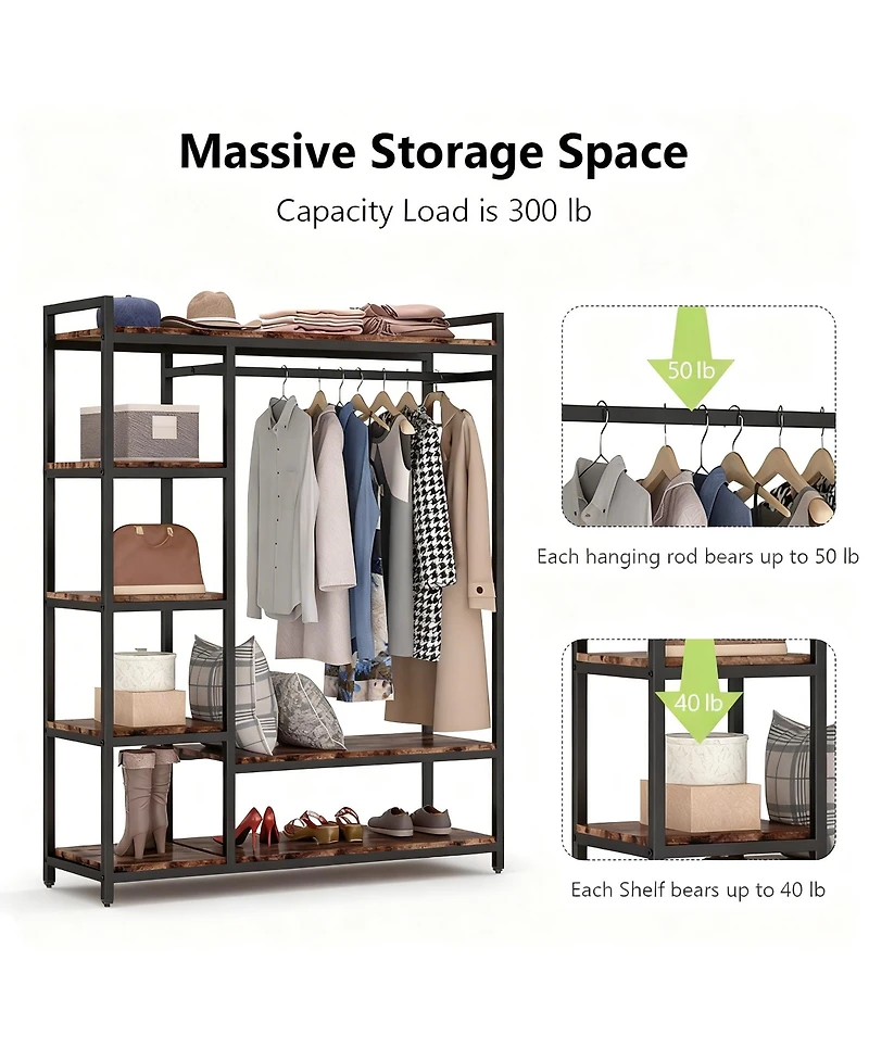 Yigii Heavy Duty Metal Frame Closet Organizer with Shelves and Rods for Clothes