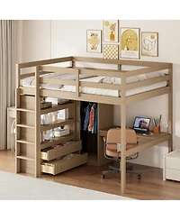 Streamdale Furniture Wood Full Loft Bed w/ Wardrobe, Desk, Storage & Drawers, Walnut