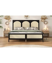 Streamdale Furniture Queen Wood Platform Bed with Rattan Headboard/Footboard