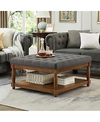 Streamdale Furniture Large Square Tufted Linen Ottoman Coffee Table with Solid Wood Shelf