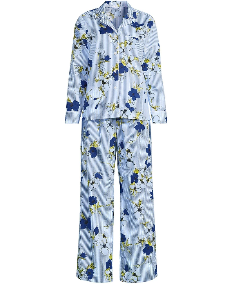Lands' End Women's Cotton Poplin 2 Piece Pajama Set - Long Sleeve Top and Pants