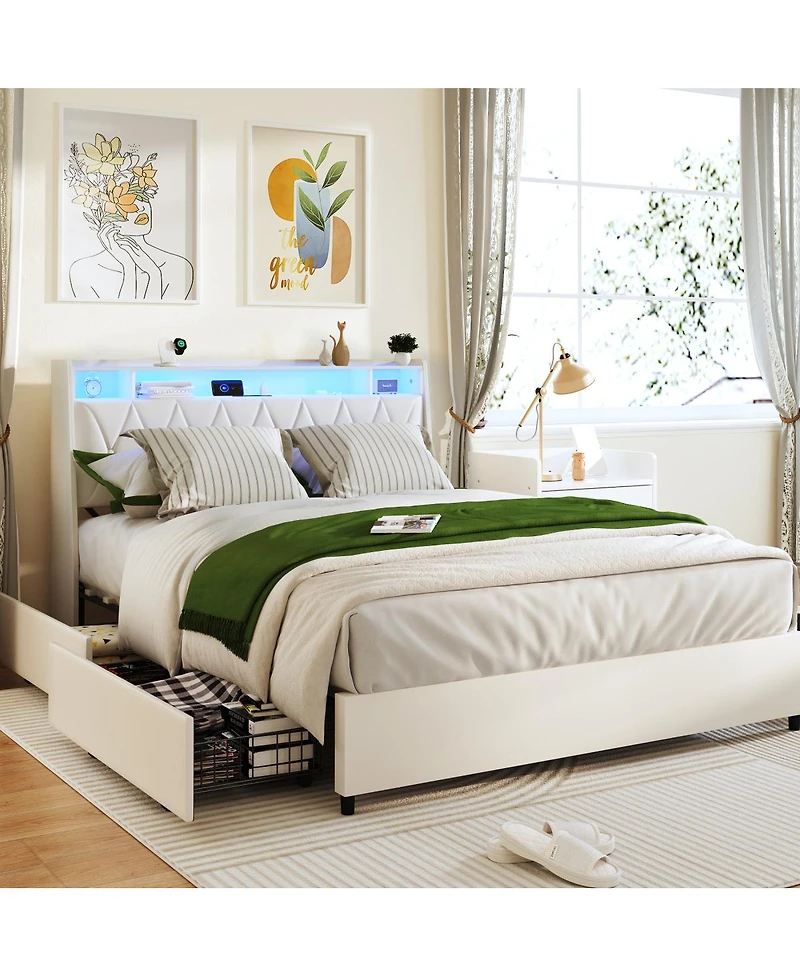 Streamdale Furniture Queen Bed Frame with Ergonomic Headboard, Outlets, Led Light & Storage Shelf