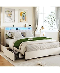 Streamdale Furniture Queen Bed Frame with Ergonomic Headboard, Outlets, Led Light & Storage Shelf