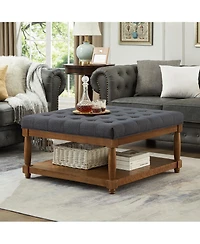Streamdale Furniture Large Tufted Linen Ottoman Coffee Table with Solid Wood Shelf