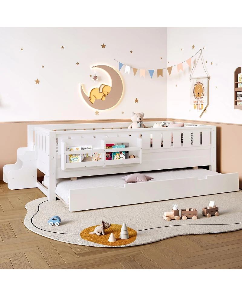 Streamdale Furniture 79 inches Twin Bed with Bookshelves, Staircase, Trundle