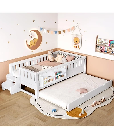 Streamdale Furniture 79 inches Twin Bed with Bookshelves, Staircase, Trundle