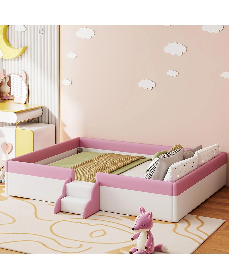 Streamdale Furniture King Size Upholstered Daybed Frame with Fence and Stairs