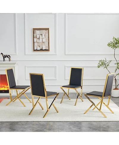 Streamdale Furniture 4-pack gold metal framed black Pu dining chairs with ergonomic design.