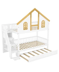 Streamdale Furniture Streamdale Twin Size Wooden House Bunk Bed with Storage Staircase & Trundle