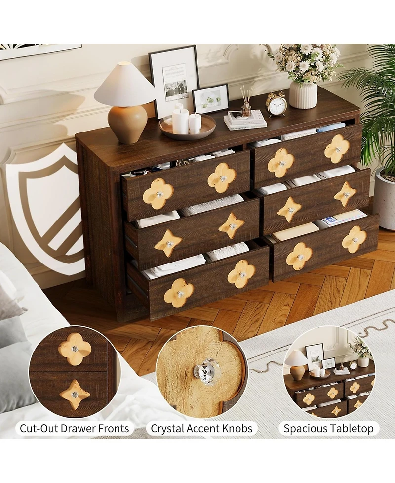 gaomon 6 Drawer Dresser for Bedroom, Wide Boho Chest of Drawers with Wooden Storage Cabinet and Decorative Front Organizer