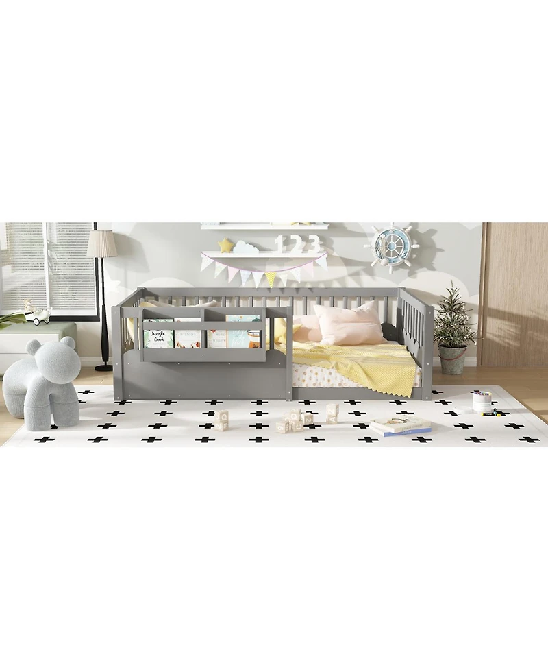 Streamdale Furniture Twin Floor Bed with Fence & Bookshelf, Wood Kids Bed