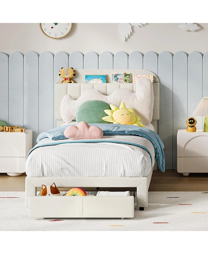 gaomon Twin Bed Frame with Storage Headboard, Velvet Upholstered Platform Bedframe for Kids, Girl Bed, Strong Wooden Slats, Noise-Free, Easy Assembly