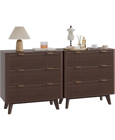 gaomon 2PCS Fluted Nightstand, Modern 3 Drawer Bedside Table with Faux Marble Top, End Table for Bedroom Living Room