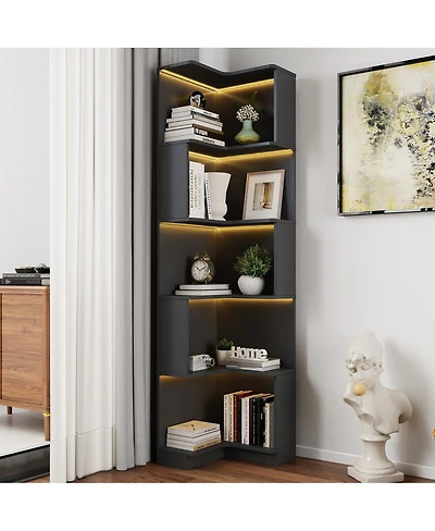 Streamdale Furniture Corner Book Shelf - 5 Tier L Shaped Display Shelf Stand with Led Lights