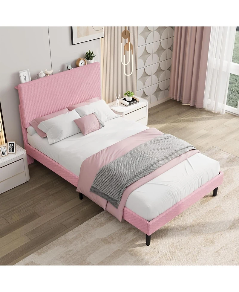 gaomon Twin Bed Frame with Charging Station, Corduroy Upholstered Platform Bed Frame with Headboard and Storage Shelf, Solid Wood Slats