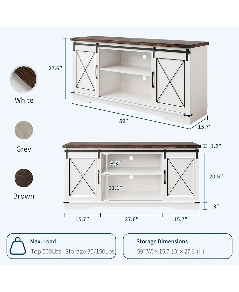 gaomon Farmhouse 59" Tv Stand Up to 65 Inches, Mid Century Modern Entertainment Center with Storage Cabinets