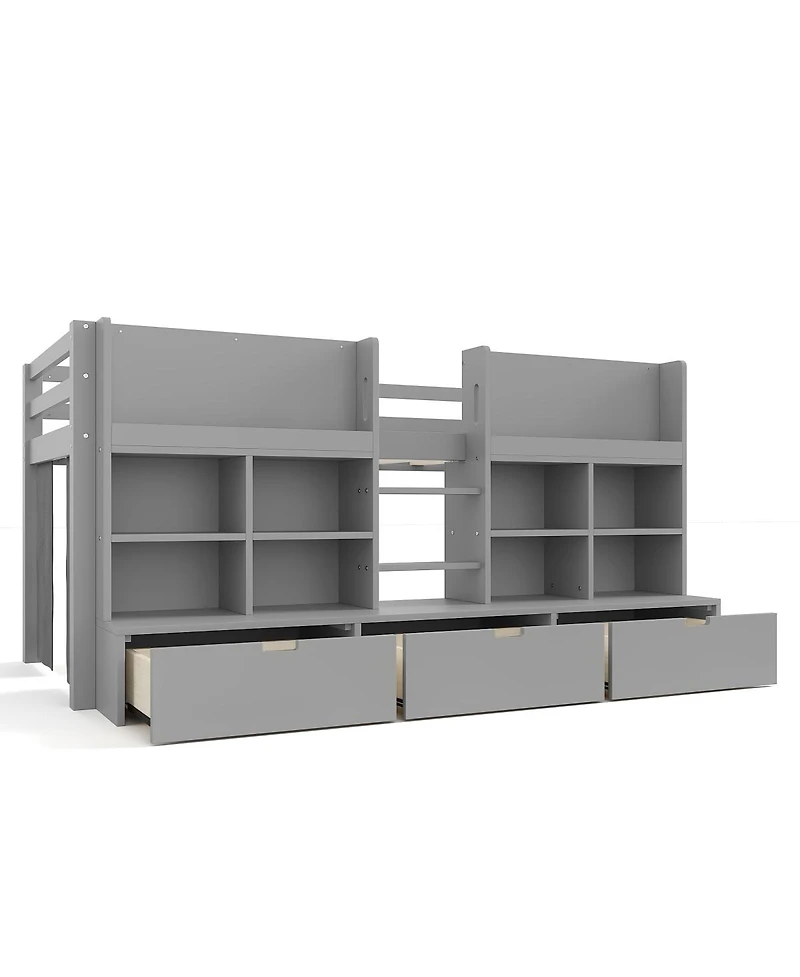 Streamdale Furniture Loft Bed with Multi-Storage Shelves & Curtain, Chalkboard